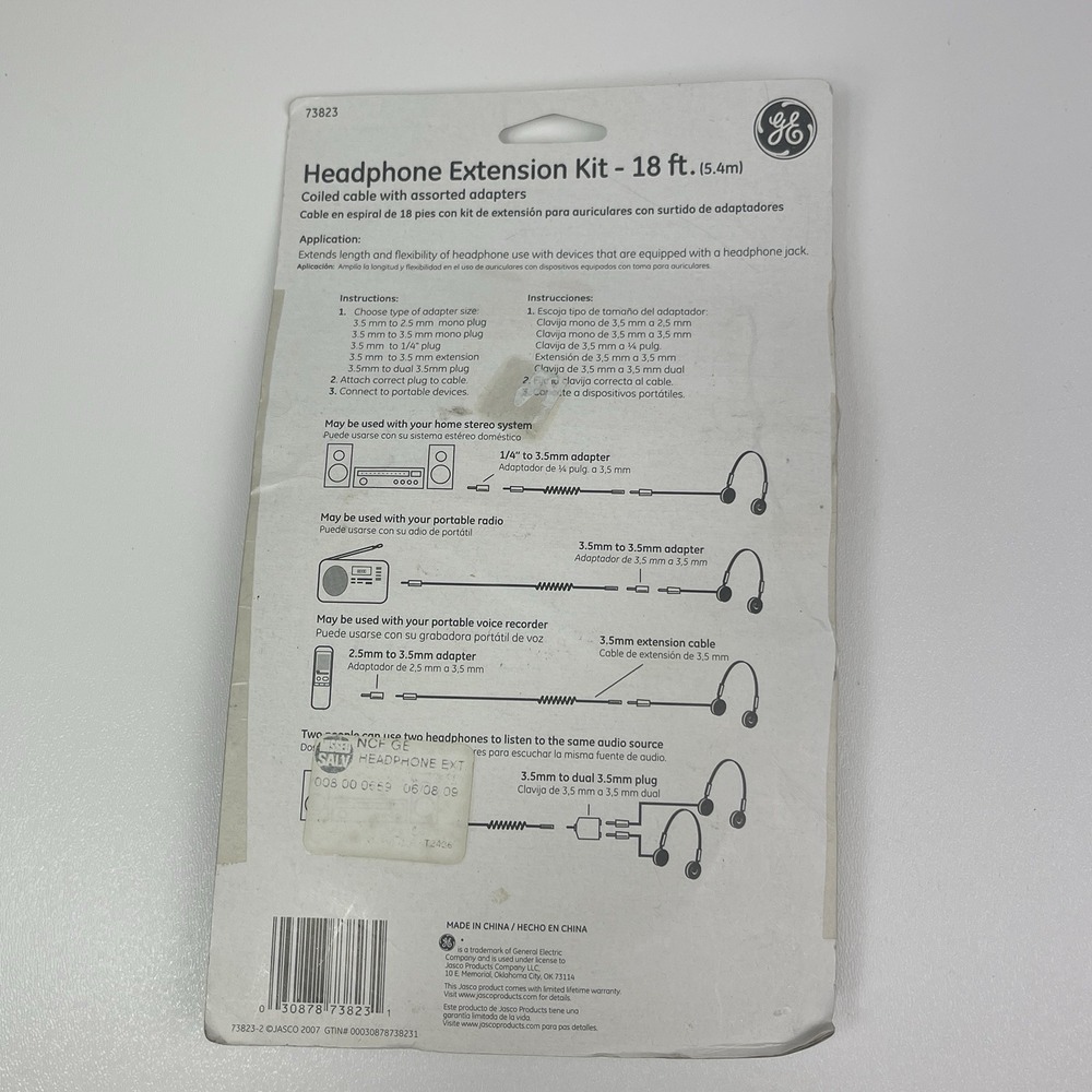 GE Headphone Extension Kit Cable Adapters 18 Feet Unopened In Package - Picture 2 of 8